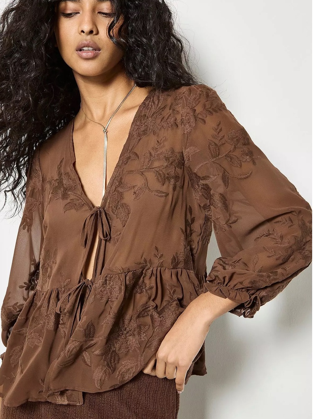 APRICOT 🍑 Embroidered Chiffon Peplum Top Tie-Front - Picture 5 of 7